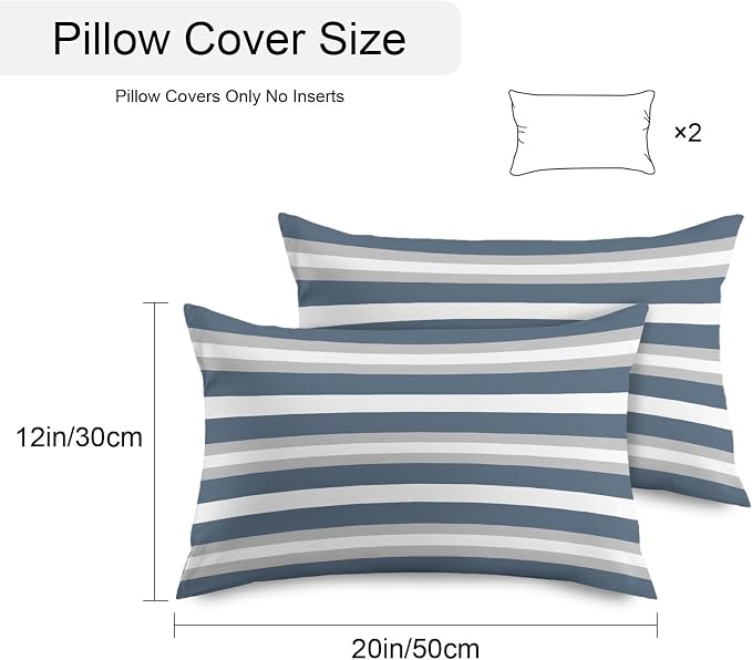 Haze Blue Stripe Outdoor Pillow Covers Waterproof, All Weather Cushion Case Set of 2, Farmhouse Blue Gray Striped Lumbar Pillowcase for Sofa Couch Bed Decor Patio Furniture 20"x12"