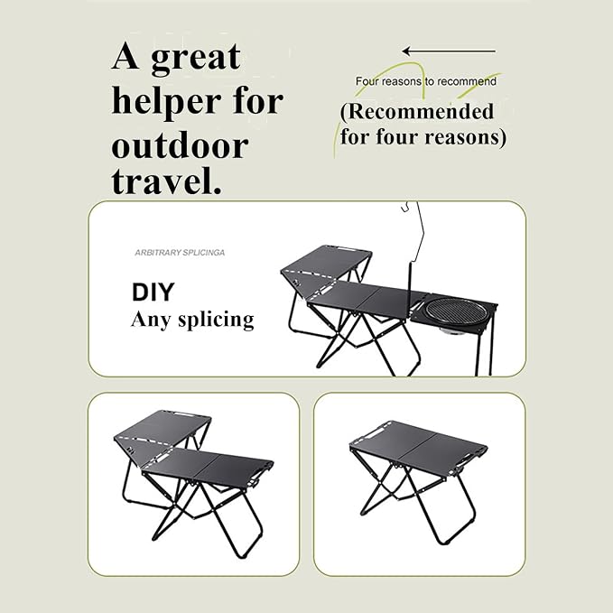 Outdoor Multifunctional Folding Grill Table, Portable Foldable Tactical Combinable Table and Chair, Camping Lamp Stand for Household, Camping, Fishing, BBQ, Picnic