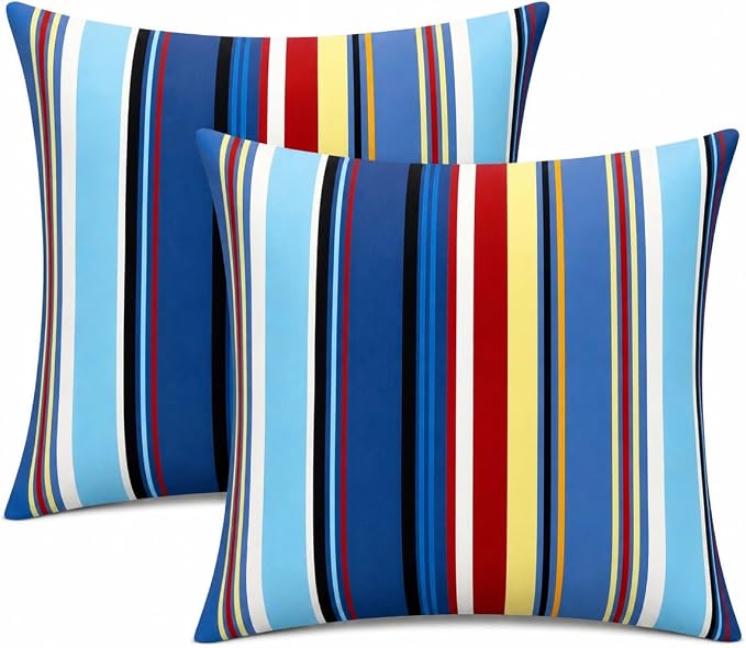 Pyonic Set of 2 Outdoor Pillow Covers 20x20 inch Waterproof Navy Nautical Striped Outdoor Pillow Covers Square Patio Pillows for Patio Tent Garden Beach