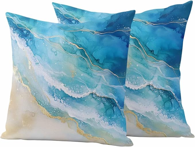 Abstract Waves Outdoor Waterproof Throw Pillow Covers Set of 2, 26"x26", Surrealism Spray Beach Ocean Watercolor Decorative Pillow Covers Outside Cushion Case for Patio Porch Garden