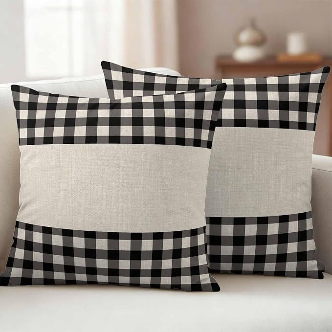 Retro Black Outdoor Waterproof Pillow Covers, Farmhouse Buffalo Plaid Vintage Beige Decorative Square Throw Pillowcase Sofa Cushion Sham for Patio/Couch/Chair, 18"x18" 2 Pack