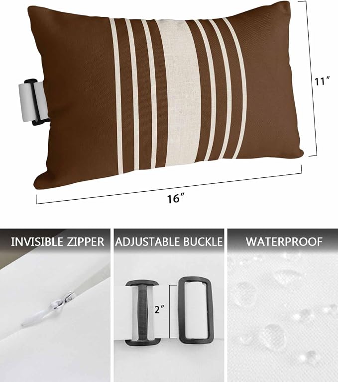 Pack of 4 Outdoor Lumbar Pillow Covers 11x16 Inch, Brown Beige Striped Waterproof Throw Pillow Covers Set, Modern Farmhouse Retro Lines Indoor&Outdoor Decorative Cushion Cases for Patio Porch Beach