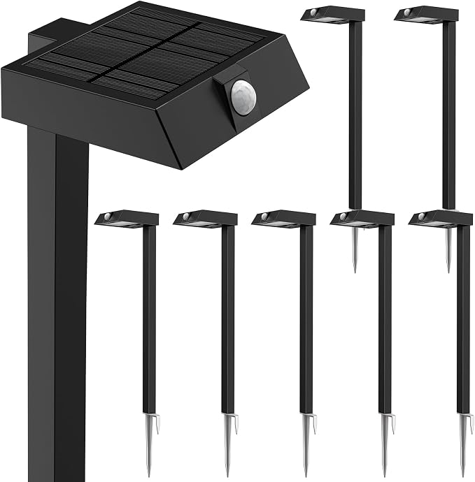 XMCOSY+ 8 Pack Solar Pathway Lights with Motion Sensor | 300LM metal 3 lighting modes, solar lights outdoor for garden, backyard, yard (warm/cool white)