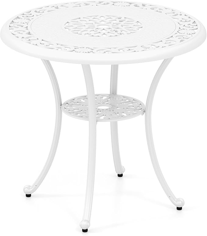 Tangkula 31.5” Cast Aluminum Patio Dining Table, Round Outdoor Bistro Table with 2” Umbrella Hole, Outdoor Side Table for Backyard, Lawn, Deck and Garden, White