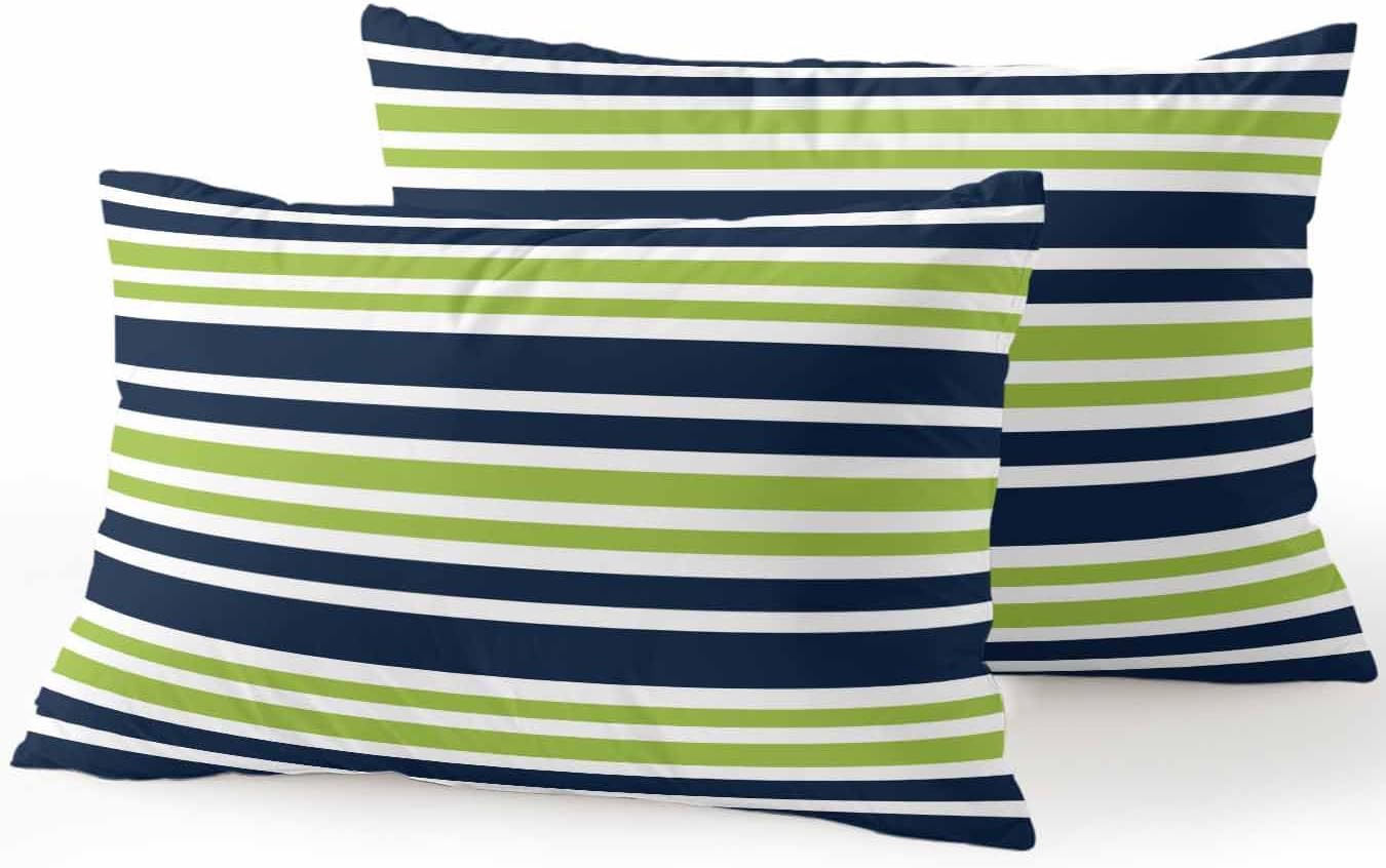 Outdoor Waterproof Throw Pillows Navy Blue Green Stripe Patio Pillows Pack of 2,Decorative Pillow Covers with Insert,Pillow Cushion Case for Garden Couch Sofa White Line