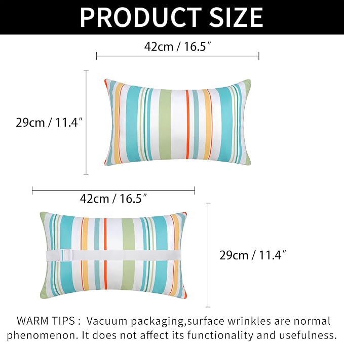 Adabana Outdoor Waterproof Pillow for Chaise Lounge Chair 2 Pack Floral Stripe Headrest Pillow Lumbar Adjustable Strap 12 x 16 Inch for Beach Poolside Patio Office Patio Garden,Stripe