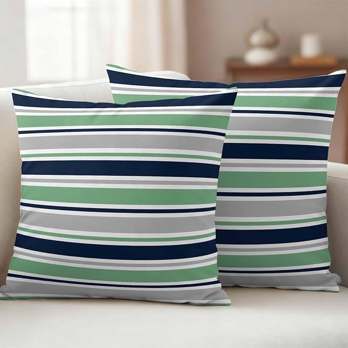 Outdoor Pillow Covers 18 x 18 Inches, Green Grey Striped Waterproof Throw Pillow Cover Set of 2, Farmhouse Stripes Modern Abstract Art Decorative Square Cushion Covers for Patio/Couch/Garden