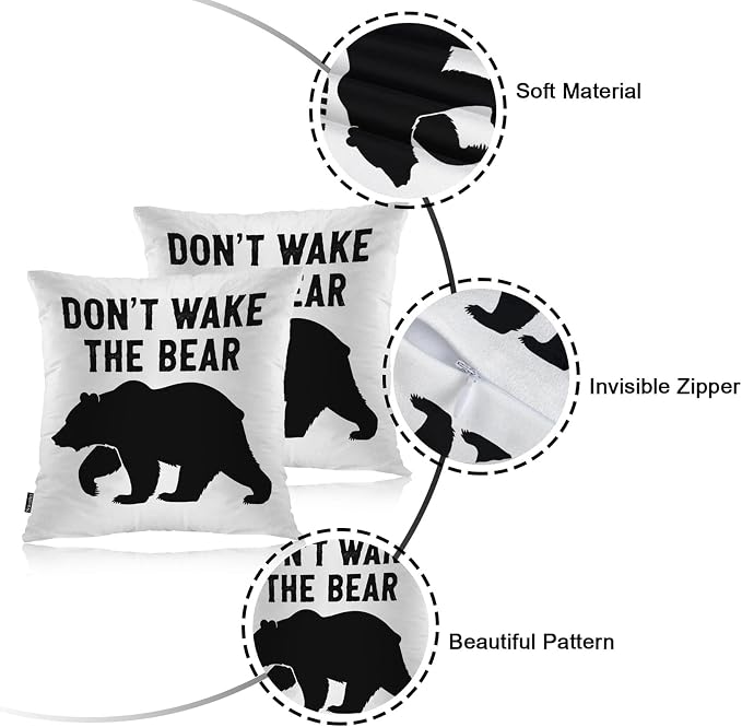 Swono Decorative Square Pillow Covers 18x18 Inch Bear, Don't Wake The Bear Quote Polyester Pillow Case Set of 2, Soft Cushion Cover Pillowcases for Home Bedroom Couch Sofa Armchair, Black Bear