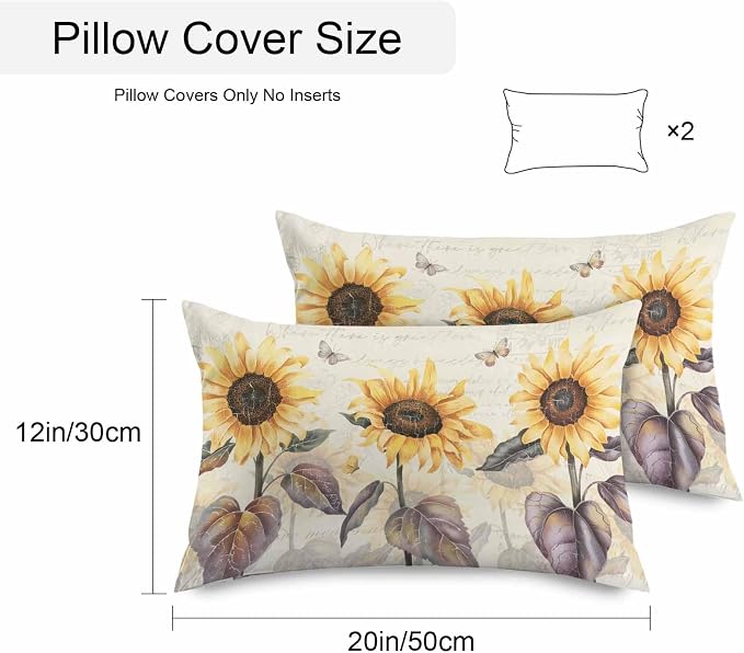 Sunflower Outdoor Pillow Covers Pack of 2, Retro Sunflower Floral Butterfly Waterproof Pillow Covers Seasonal Spring Summer Throw Pillowcase for Patio Funiture Garden Tent, 12 x 20 inch