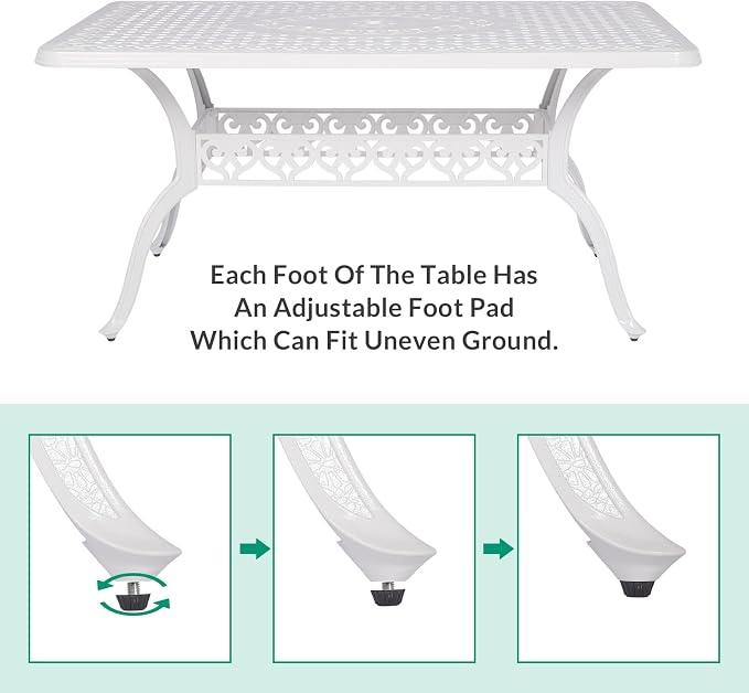 VIVIJASON Outdoor Patio Dining Rectangle Table White Cast Aluminum Rustic Large Patio Table with 2" Umbrella Hole for Garden, Backyard, Deck