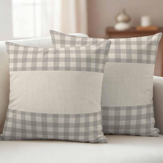 Retro Grey Outdoor Waterproof Pillow Covers, Farmhouse Buffalo Plaid Vintage Beige Decorative Square Throw Pillowcase Sofa Cushion Sham for Patio/Couch/Chair, 16"x16" 2 Pack