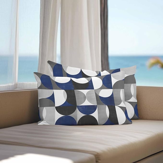 Vandarllin Outdoor Throw Pillows Covers 20x12 inch Set of 2 Waterproof Modern Blue Gray Geometric Decorative Zippered Cushion Covers for Patio Furniture, Abstract Mid Century Lumbar Pillowcases