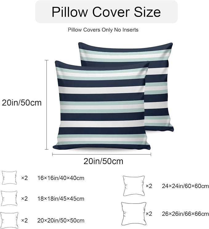 Aqua Navy Blue Striped Outdoor Pillow Covers Waterproof, All Weather Cushion Case Set of 2, Modern Abstract Lines Geometric Decorative Pillowcases for Sofa Couch Bed Decor Patio Furniture 16"x16"