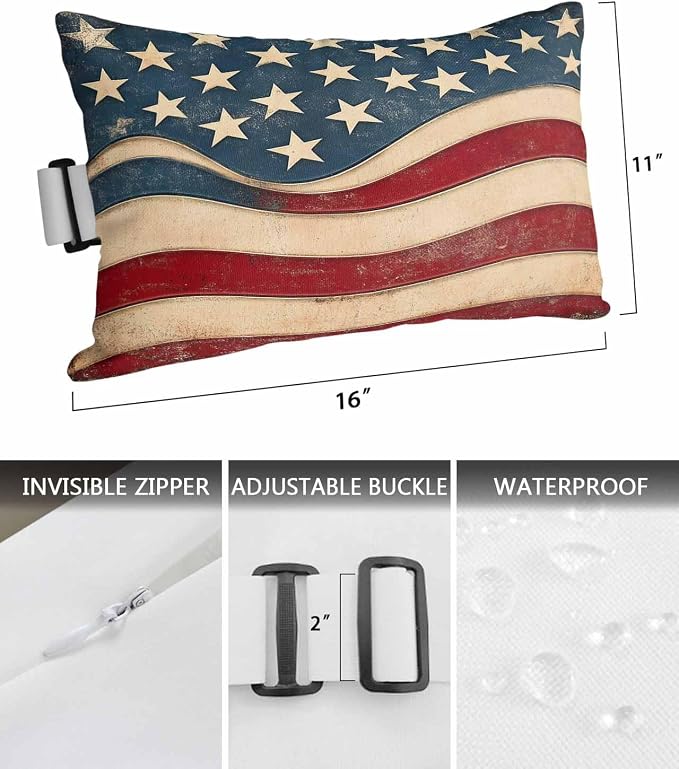 Pack of 2 Outdoor Lumbar Pillow Covers 11x16 Inch, Vintage American Flag Waterproof Throw Pillow Covers Set, Blue Red White Star US Flag Indoor&Outdoor Decorative Cushion Cases for Patio Porch Beach