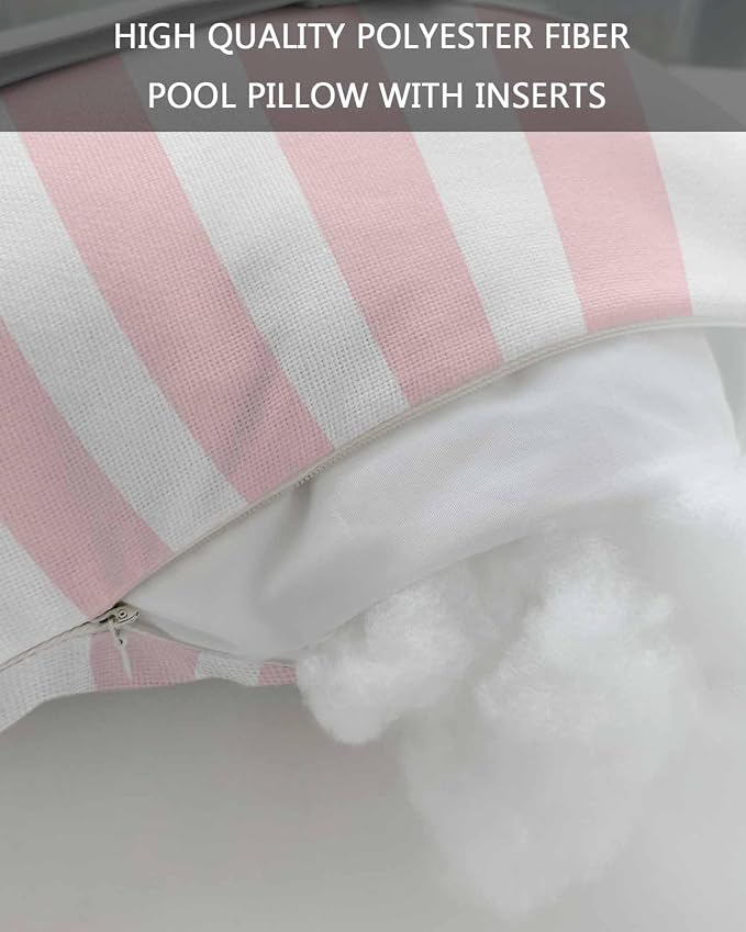 DecorLovee Pink Striped Outdoor Recliner Pillows for Head, Farmhouse Waterproof Chair Pillow with Elastic Stripe, Pink White Stripes Chaise Lounge Headrest Pillow for Patio/Beach/Pool 2Pack, 11"x16"