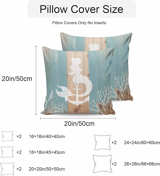 Summer Nautical Outdoor Waterproof Pillow Covers Set of 2, White Mermaid Coral Anchor Silhouette Wood Grain Pillowcase Decorative Throw Cushion Cases for Patio Garden Couch 18 x 18 Inches