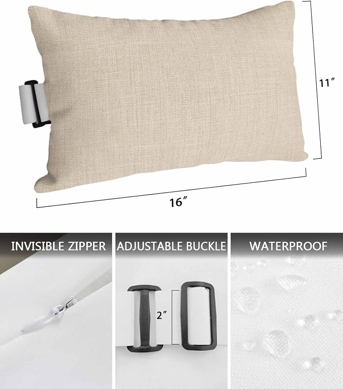Pack of 2 Outdoor Lumbar Pillow Covers 11x16 Inch, Vintage Cream Waterproof Throw Pillow Covers Set, Farmhouse Retro Beige Solid Color Indoor&Outdoor Decorative Cushion Cases for Patio Porch Beach