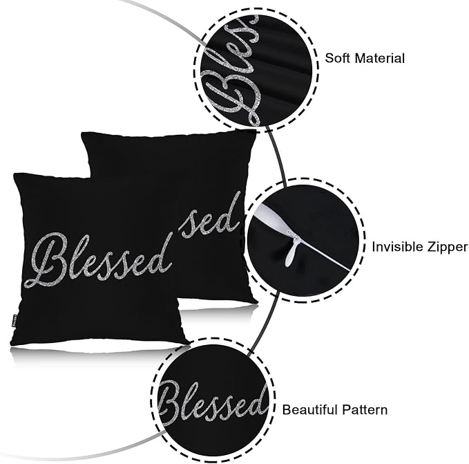 Swono Throw Pillow Covers Blessed, Bible Verse Blessed Accent Cushion Covers Decorative Pillowcase for Men Women, Christian Quote Sofa Bed Pillows Covers 18x18 Inch, Set of 2, Sparkling Black