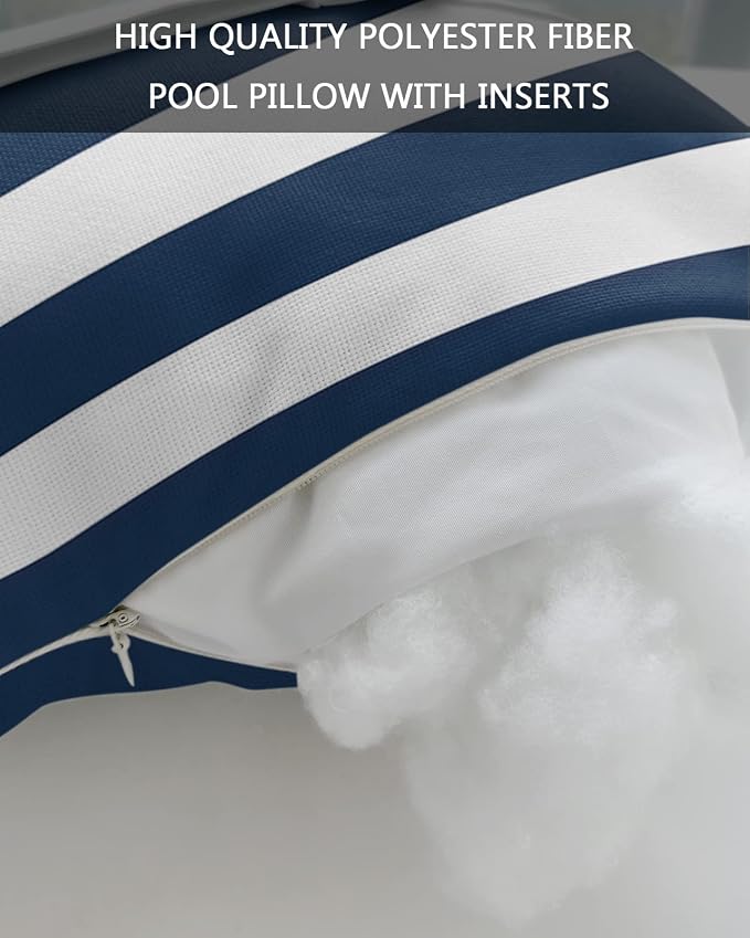Blue and White Striped Outdoor Pillows with Insert Blue White Geometric Waterproof Patio Pillows with Adjustable Strap Decorative Head Recliner Lounger Chair Throw for Patio Furnitures, 2 Pack