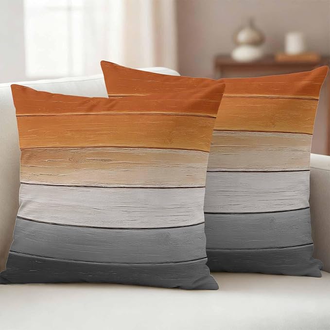 Orange Gray Outdoor Pillow Covers 16x16 Inch Throw Pillow Covers Set of 2 Waterproof Decorative Pillow Cases Farmhouse Retro Gradient Wooden Grain Cushion Covers for Patio Furniture Garden Couch Sofa
