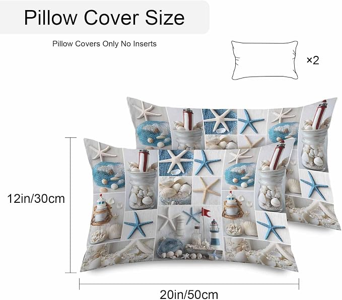 Summer Coastal Grid Outdoor Throw Pillow Cover Ocean Starfish Lighthouse Pearl Waterproof Cushion Covers 2 Pack Nautical Pillow Cases Home Decoration for Patio Garden Couch Sofa 20x12In