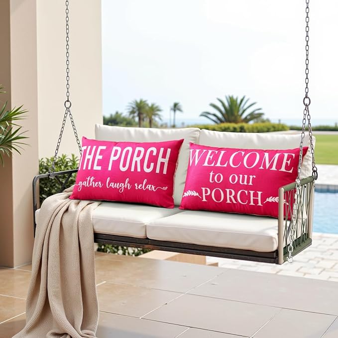 Porch Decor Pink Outdoor Lumbar Pillow Covers Waterproof 12x20 for Patio | Set of 2, Porch Decorations Outdoor, Porch Pillows, Outdoor Pillows Waterproof, Outdoor Pillows for Patio Furniture