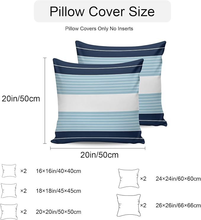 Navy Blue Aqua Stripe Outdoor Pillow Covers Waterproof, All Weather Cushion Case Set of 2, Modern Art Horizontal Striped Decorative Pillowcases for Sofa Couch Bed Decor Patio Furniture 18"x18"