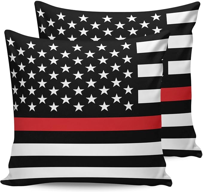 Outdoor Waterproof Pillow Covers Set of 2, Thin Red Line Flags American Firefighter Red Stripes Flag Patio Throw Pillow Covers, Decorative Cushion Case for Couch Sofa Furniture Garden, 20x20 Inch