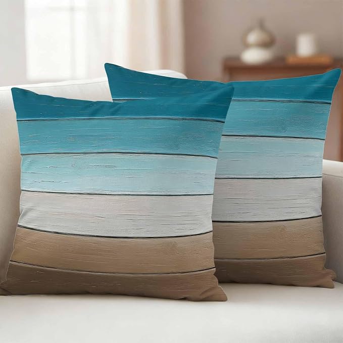 Turquoise Brown Outdoor Pillow Covers 24x24 Inch Throw Pillow Covers Set of 2 Waterproof Decorative Pillow Cases Farmhouse Retro Wooden Grain Striped Cushion Covers for Patio Furniture Garden Couch