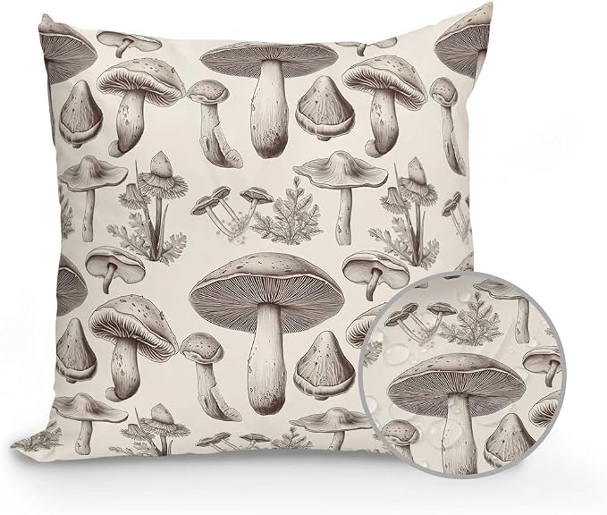 Outdoor Waterproof Throw Pillows Retro Mushroom Vintage Botanical Patio Pillows Pack of 1,Decorative Pillow Covers with Insert,Pillow Cushion Case for Garden Couch Sofa Aesthetic Plant Leaves
