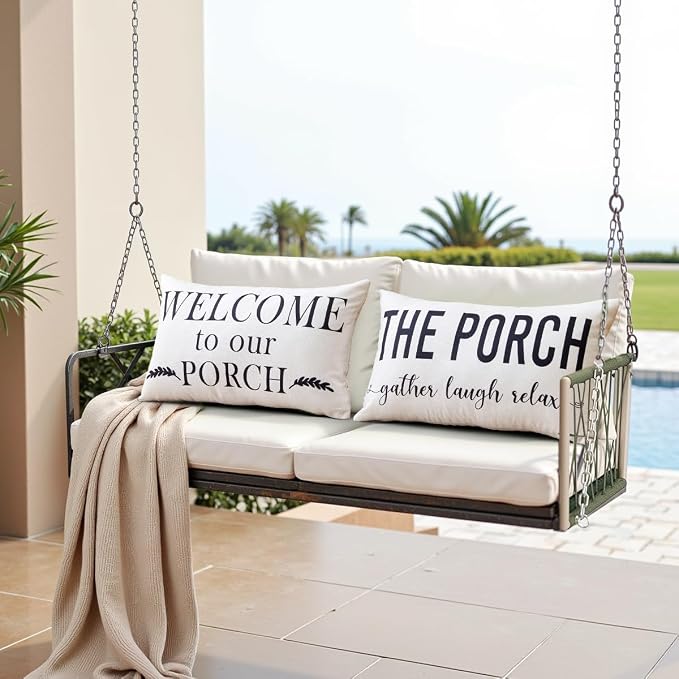 Porch Decor White Outdoor Lumbar Pillow Covers Waterproof 12x20 for Patio | Set of 2, Patio Decor, Porch Pillows, Outdoor Pillows Waterproof, Outdoor Pillows for Patio Furniture, Weather Resistant