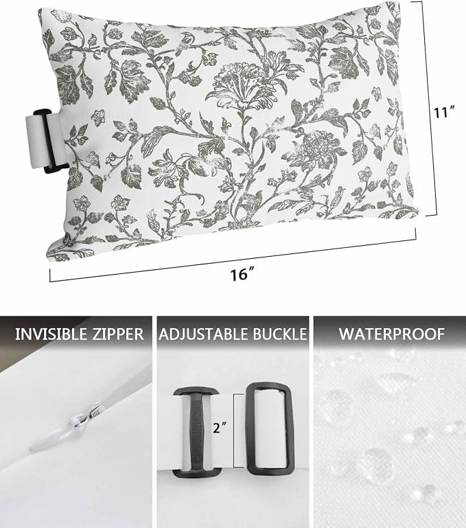 Pack of 2 Outdoor Lumbar Pillow Covers 11x16 Inch, Farmhouse Flowers Waterproof Throw Pillow Covers Set, Pastoral Vintage Leaf Spring Summer Indoor&Outdoor Cushion Cases for Patio Porch Beach