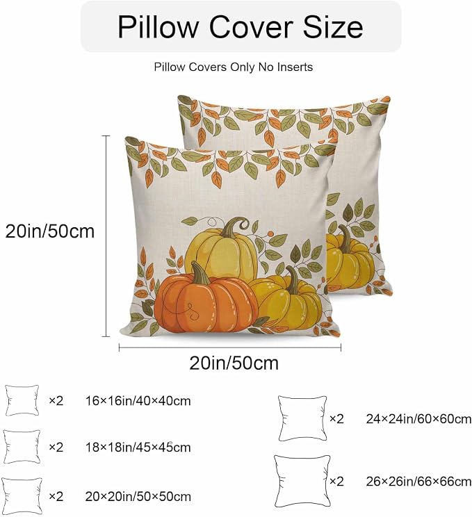 Orange Pumpkins Outdoor Waterproof Pillow Covers, Fall Yellow Leaves Vintage Beige Rustic Decorative Square Throw Pillowcase Sofa Cushion Sham for Patio/Couch/Chair, 20"x20" 2 Pack