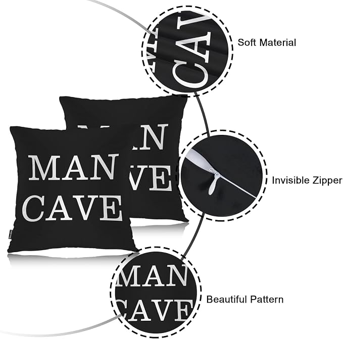 Swono Man Cave Home Decorative Throw Pillows Covers, Funny Quote Set of 2 Outdoor Pillow Case for Livingroom Bedroom, Boho Pillow Cushion Covers for Man Woman 18"X18", White Black