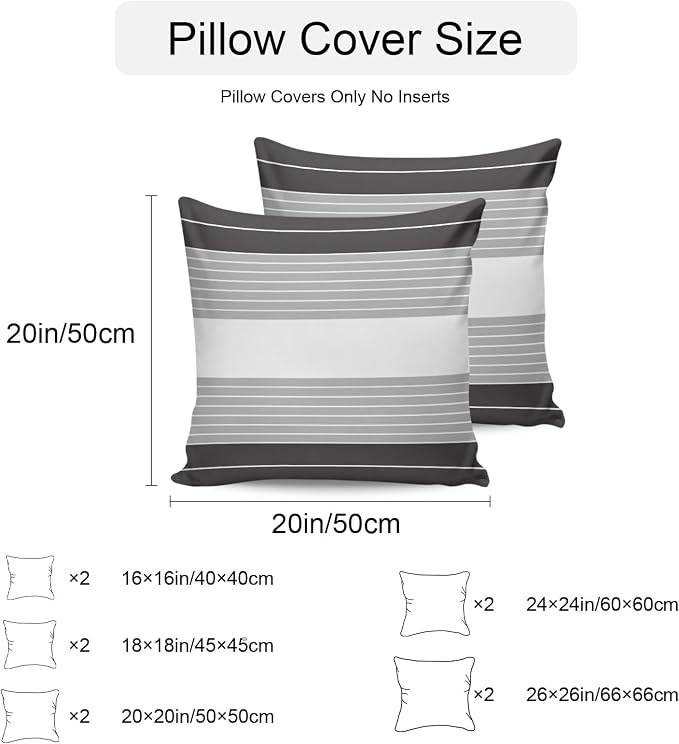 Black Grey Stripe Outdoor Pillow Covers Waterproof, All Weather Cushion Case Set of 2, Modern Art Horizontal Striped Decorative Pillowcases for Sofa Couch Bed Decor Patio Furniture 18"x18"