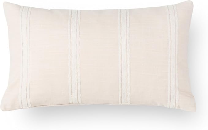 Modern Farmhouse Fall Linen Indoor Outdoor Lumbar Pillow Cover Only, 12"x20" Water Repellent for Patio, Backyard, Couch, Neutral Beige Embroidered Stripes