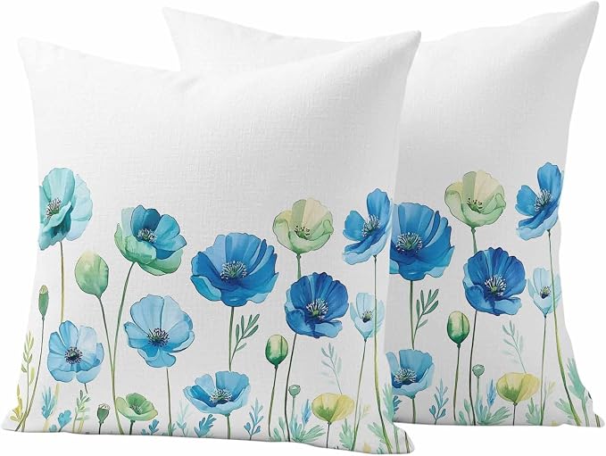 Spring Floral Outdoor Waterproof Throw Pillow Covers Set of 2, 24"x24", Watercolor Blue Poppy Flower Decorative Pillow Covers Outside Cushion Case for Patio Porch Garden