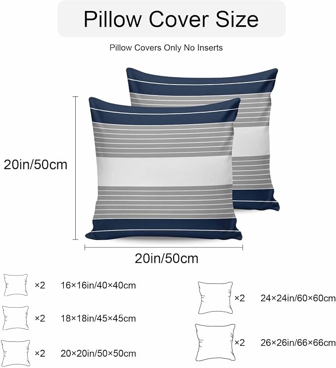 Navy Blue Grey Stripe Outdoor Pillow Covers Waterproof, All Weather Cushion Case Set of 2, Modern Art Horizontal Striped Decorative Pillowcases for Sofa Couch Bed Decor Patio Furniture 18"x18"