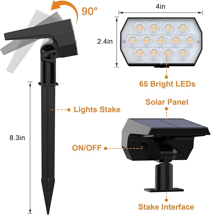 WELALO Solar Light Outdoor, IP68 Waterproof, 65 LED, Warm White, 2 Pack | Dusk to Dawn Auto On/Off, 3 Lighting Modes, Adjustable Solar Panel, Luces Solares Para Exteriores for Yard Garden Landscape