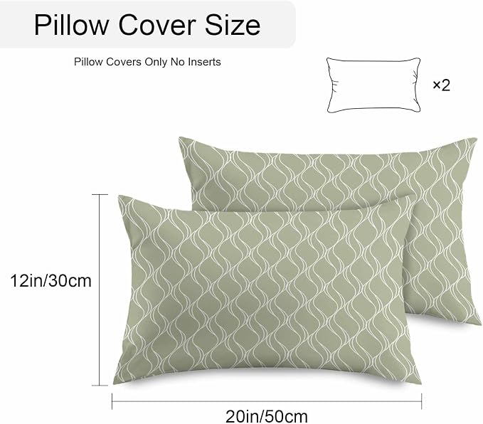 YOKOU Boho Sage Green Pillow Covers, Farmhouse Decoration Geometric Waterproof Outdoor Pillowcases Cushion Covers Cases for Patio Couch Bench, Pack of 2 Rectangle, 20"X12"