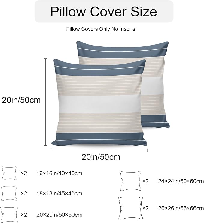 Haze Blue Beige Stripe Outdoor Pillow Covers Waterproof, All Weather Cushion Case Set of 2, Modern Art Horizontal Striped Decorative Pillowcases for Sofa Couch Bed Decor Patio Furniture 18"x18"