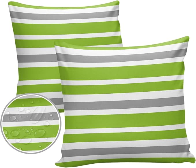 Outdoor Waterproof Throw Pillow Covers Set of 2 Grey Green Stripes Decorative Outdoor Pillows Cushion Case 16x16 Inch Classic Striped Patio Pillows for Couch Sofa Bed Garden Office Home Decor
