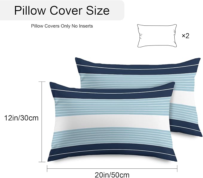 Navy Blue Aqua Stripe Outdoor Pillow Covers Waterproof, All Weather Cushion Case Set of 2, Modern Art Horizontal Striped Lumbar Pillowcase for Sofa Couch Bed Decor Patio Furniture 20"x12"