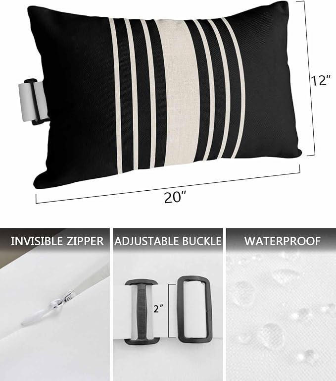 Pack of 2 Outdoor Lumbar Pillow Covers 12x20 Inch, Black Beige Striped Waterproof Throw Pillow Covers Set, Modern Farmhouse Retro Lines Indoor&Outdoor Decorative Cushion Cases for Patio Porch Beach
