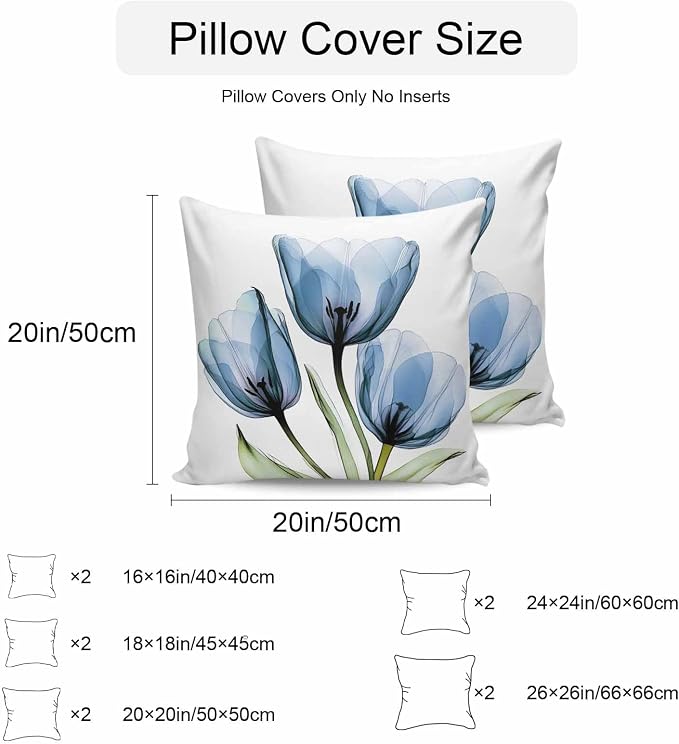 Rustic Blue Tulip Outdoor Pillow Covers 20x20in Pack of 2 Waterproof Pillowcase Watercolor Farmhouse Flower Decorative Throw Cushion Case for Patio Couch Sofa