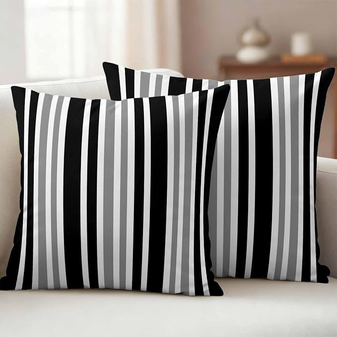 Black Grey Stripe Outdoor Pillow Covers 24x24 Inch Throw Pillow Covers Set of 2 Waterproof Decorative Pillow Cases Farmhouse Minimalist Striped Cushion Covers for Patio Furniture Garden Couch Sofa
