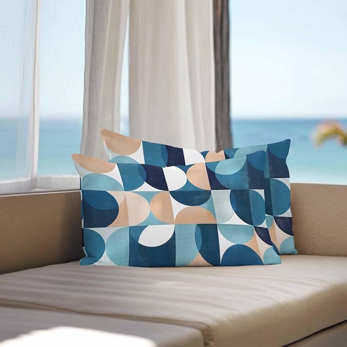 Vandarllin Outdoor Throw Pillows Covers 20x12 inch Set of 2 Waterproof Mid Century Geometric Decorative Zippered Cushion Covers for Patio Furniture, Abstract Modern Blue Lumbar Pillowcases