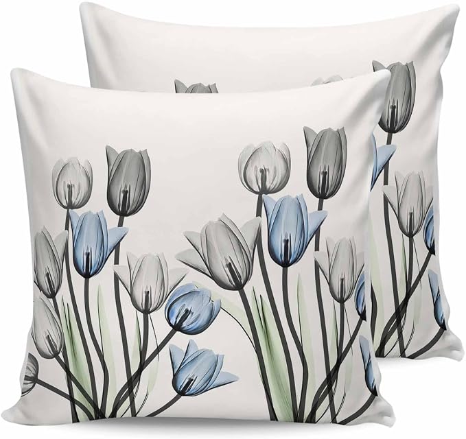 Vandarllin Outdoor Throw Pillows Covers 16X16 Set of 2 Waterproof Gray Blue Tulip Decorative Zippered Lumbar Cushion Covers for Patio Furniture, Spring Summer Flowers Floral