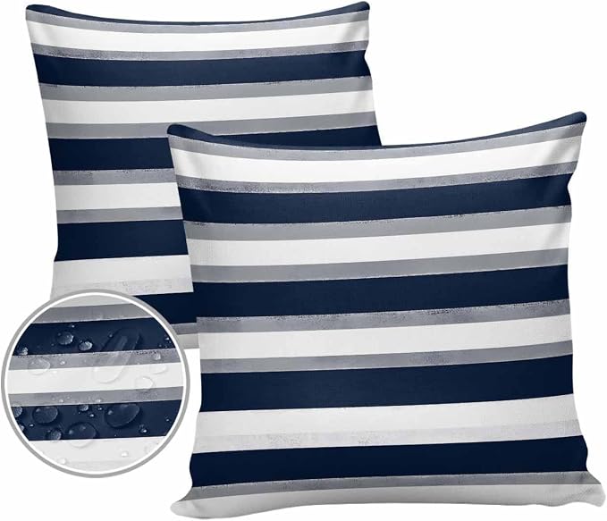 Pack of 2 Blue Grey White Stripes Outdoor Pillow Waterproof Covers 18x18 inch, Classic Geometric Polyester Throw Pillow Covers Garden Cushion Decorative Case for Patio Couch Decoration