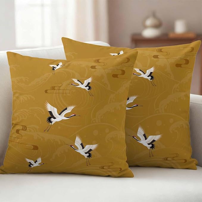 Japanese Style Outdoor Pillow Covers 16x16 Inch Throw Pillow Covers Set of 2 Waterproof Decorative Pillow Cases Vintage Art Cranes Ocean Wave Yellow Cushion Covers for Patio Furniture Garden Couch